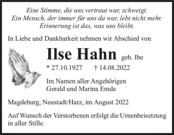 Traueranzeige von Ilse Hahn (geb. Ibe)  von Magdeburger Volksstimme