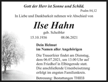 Traueranzeige von Ilse Hahn (geb. Scheibler)  von Magdeburger Volksstimme