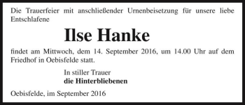 Traueranzeige von Ilse Hanke  von Magdeburger Volksstimme