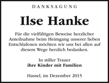 Traueranzeige von Ilse Hanke  von Magdeburger Volksstimme