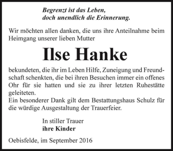 Traueranzeige von Ilse Hanke  von Magdeburger Volksstimme