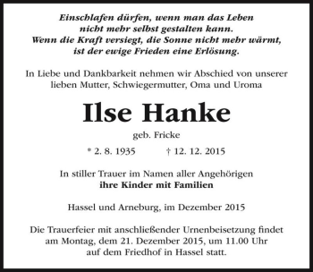 Traueranzeige von Ilse Hanke (geb. Fricke)  von Magdeburger Volksstimme