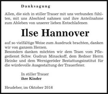 Traueranzeige von Ilse Hannover  von Magdeburger Volksstimme