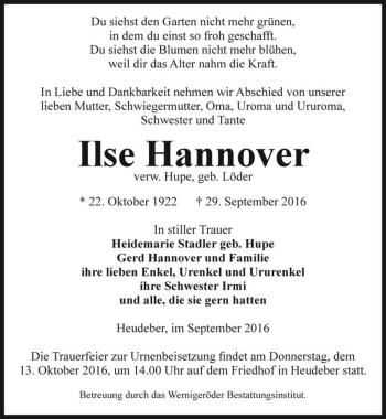 Traueranzeige von Ilse Hannover (verw. Hupe, geb. Löder)  von Magdeburger Volksstimme