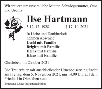 Traueranzeige von Ilse Hartmann  von Magdeburger Volksstimme