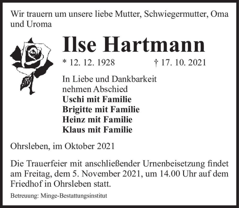  Traueranzeige für Ilse Hartmann  vom 27.10.2021 aus Magdeburger Volksstimme