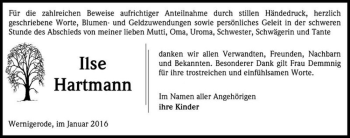 Traueranzeige von Ilse Hartmann  von Magdeburger Volksstimme