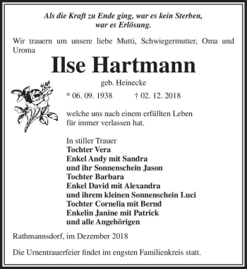 Traueranzeige von Ilse Hartmann (geb. Heinecke)  von Magdeburger Volksstimme