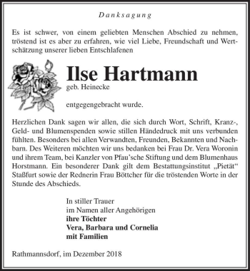 Traueranzeige von Ilse Hartmann (geb. Heinecke)  von Magdeburger Volksstimme