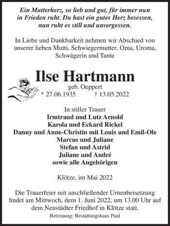 Traueranzeige von Ilse Hartmann (geb. Oeppert)  von Magdeburger Volksstimme