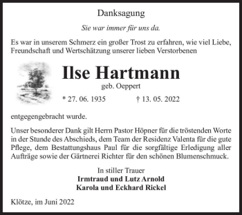Traueranzeige von Ilse Hartmann (geb. Oeppert)  von Magdeburger Volksstimme