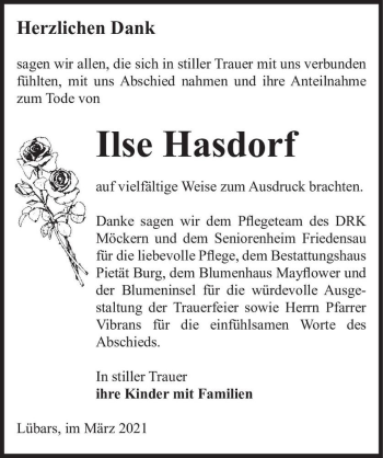 Traueranzeige von Ilse Hasdorf  von Magdeburger Volksstimme