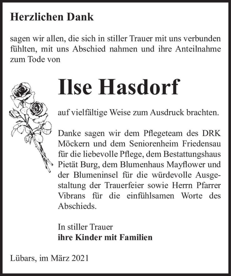  Traueranzeige für Ilse Hasdorf  vom 27.03.2021 aus Magdeburger Volksstimme
