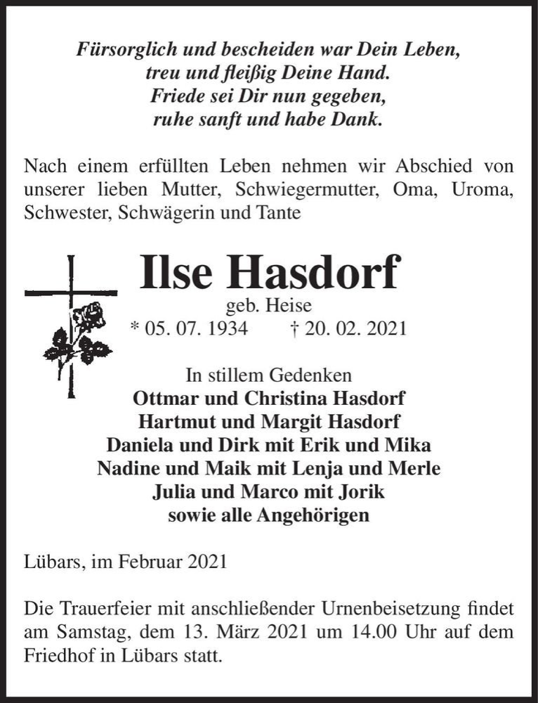  Traueranzeige für Ilse Hasdorf (geb. Heise)  vom 27.02.2021 aus Magdeburger Volksstimme