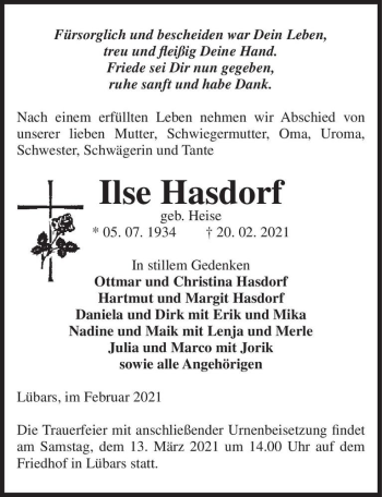 Traueranzeige von Ilse Hasdorf (geb. Heise)  von Magdeburger Volksstimme