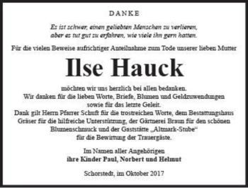 Traueranzeige von Ilse Hauck  von Magdeburger Volksstimme