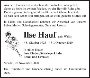 Traueranzeige von Ilse Hauf (geb. Wallis)  von Magdeburger Volksstimme
