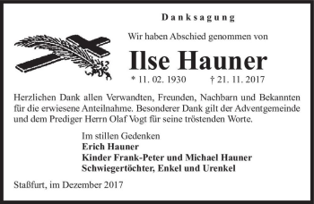 Traueranzeige von Ilse Hauner  von Magdeburger Volksstimme