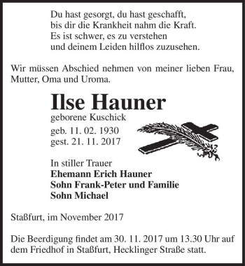 Traueranzeige von Ilse Hauner (geb. Kuschick)  von Magdeburger Volksstimme