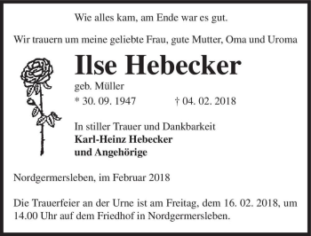 Traueranzeige von Ilse Hebecker (geb. Müller)  von Magdeburger Volksstimme