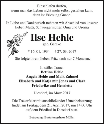 Traueranzeige von Ilse Hehle (geb. Gercke)  von Magdeburger Volksstimme