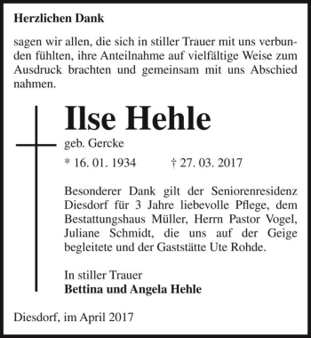 Traueranzeige von Ilse Hehle (geb. Gercke)  von Magdeburger Volksstimme