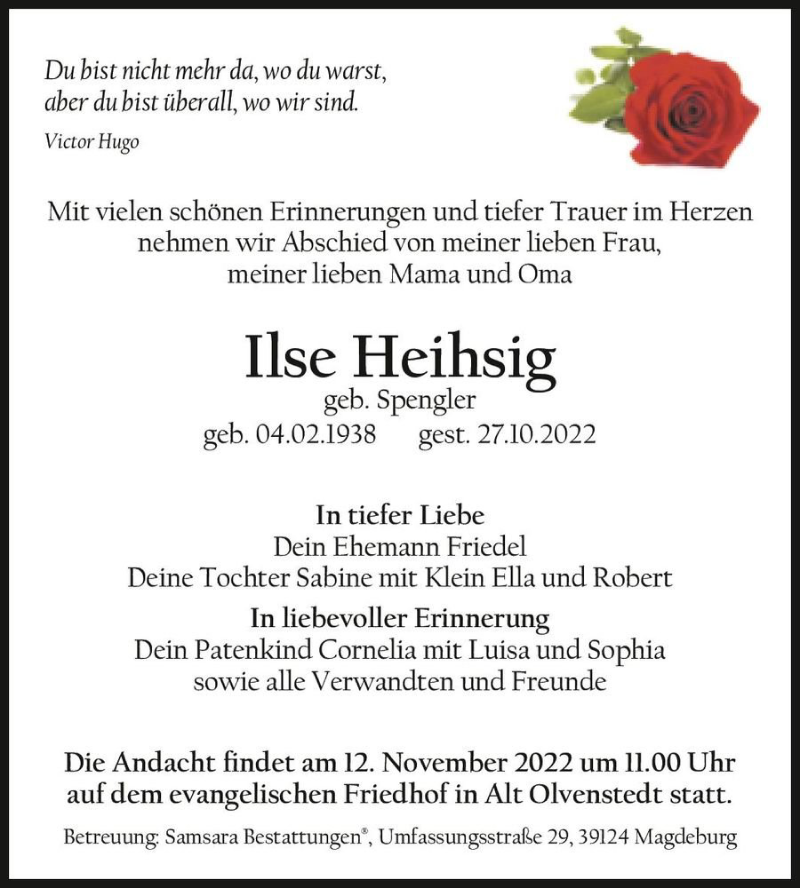  Traueranzeige für Ilse Heihsig (geb. Spengler)  vom 05.11.2022 aus Magdeburger Volksstimme