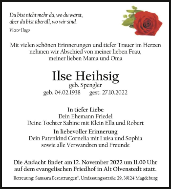 Traueranzeige von Ilse Heihsig (geb. Spengler)  von Magdeburger Volksstimme