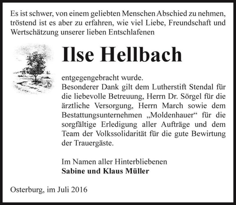  Traueranzeige für Ilse Hellbach  vom 30.07.2016 aus Magdeburger Volksstimme