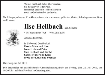 Traueranzeige von Ilse Hellbach (geb. Schulze)  von Magdeburger Volksstimme