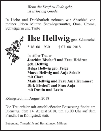 Traueranzeige von Ilse Hellwig (geb. Schmechel)  von Magdeburger Volksstimme