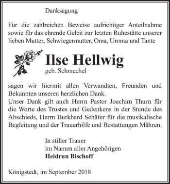 Traueranzeige von Ilse Hellwig (geb. Schmechel)  von Magdeburger Volksstimme