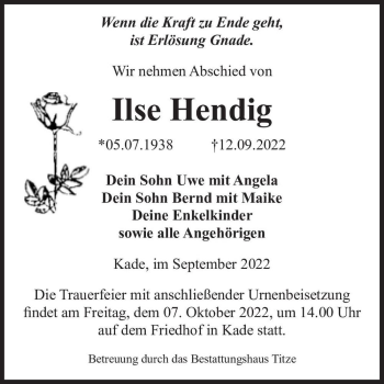 Traueranzeige von Ilse Hendig  von Magdeburger Volksstimme