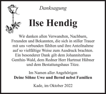 Traueranzeige von Ilse Hendig  von Magdeburger Volksstimme