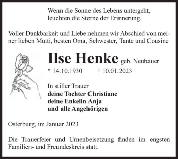 Traueranzeige von Ilse Henke (geb. Neubauer)  von Magdeburger Volksstimme