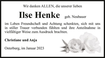 Traueranzeige von Ilse Henke (geb. Neubauer)  von Magdeburger Volksstimme