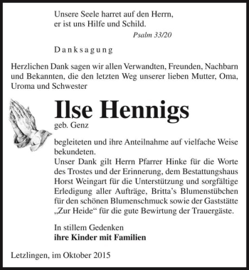 Traueranzeige von Ilse Hennigs (geb. Genz)  von Magdeburger Volksstimme