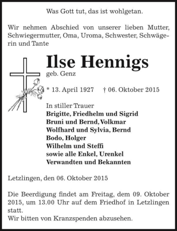 Traueranzeige von Ilse Hennigs (geb. Genz)  von Magdeburger Volksstimme