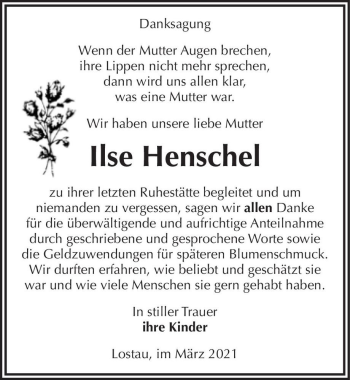 Traueranzeige von Ilse Henschel  von Magdeburger Volksstimme