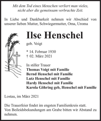 Traueranzeige von Ilse Henschel (geb. Voigt)  von Magdeburger Volksstimme