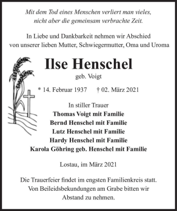Traueranzeige von Ilse Henschel (geb. Voigt)  von Magdeburger Volksstimme