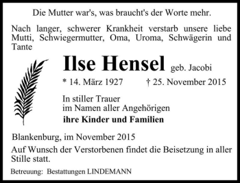Traueranzeige von Ilse Hensel (geb. Jacobi)  von Magdeburger Volksstimme