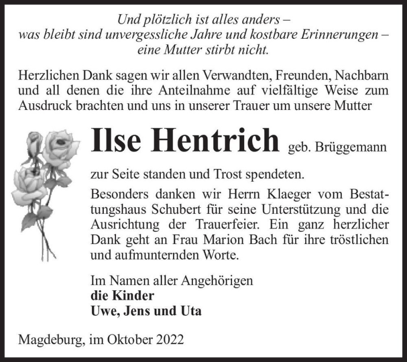  Traueranzeige für Ilse Hentrich (geb. Brüggemann)  vom 22.10.2022 aus Magdeburger Volksstimme