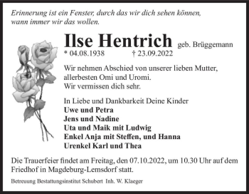 Traueranzeige von Ilse Hentrich (geb. Brüggemann)  von Magdeburger Volksstimme