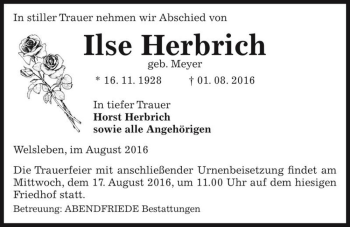 Traueranzeige von Ilse Herbrich (geb. Meyer)  von Magdeburger Volksstimme