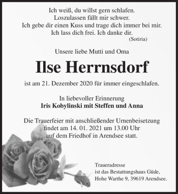 Traueranzeige von Ilse Herrnsdorf  von Magdeburger Volksstimme
