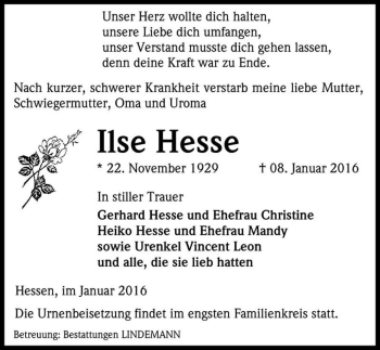 Traueranzeige von Ilse Hesse  von Magdeburger Volksstimme