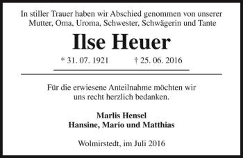 Traueranzeige von Ilse Heuer  von Magdeburger Volksstimme