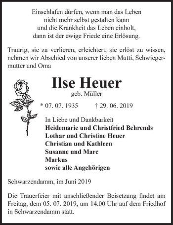 Traueranzeige von Ilse Heuer (geb. Müller)  von Magdeburger Volksstimme