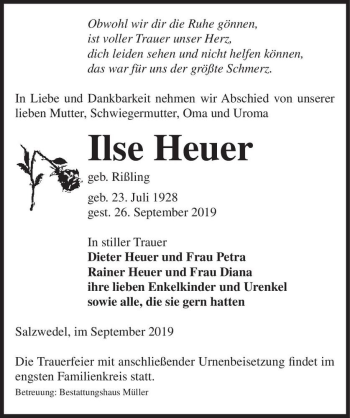 Traueranzeige von Ilse Heuer (geb. Rißling)  von Magdeburger Volksstimme